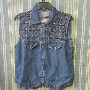 Vintage..New Directions Blue Denim Vest with Cutout Design And Indian Embroidery